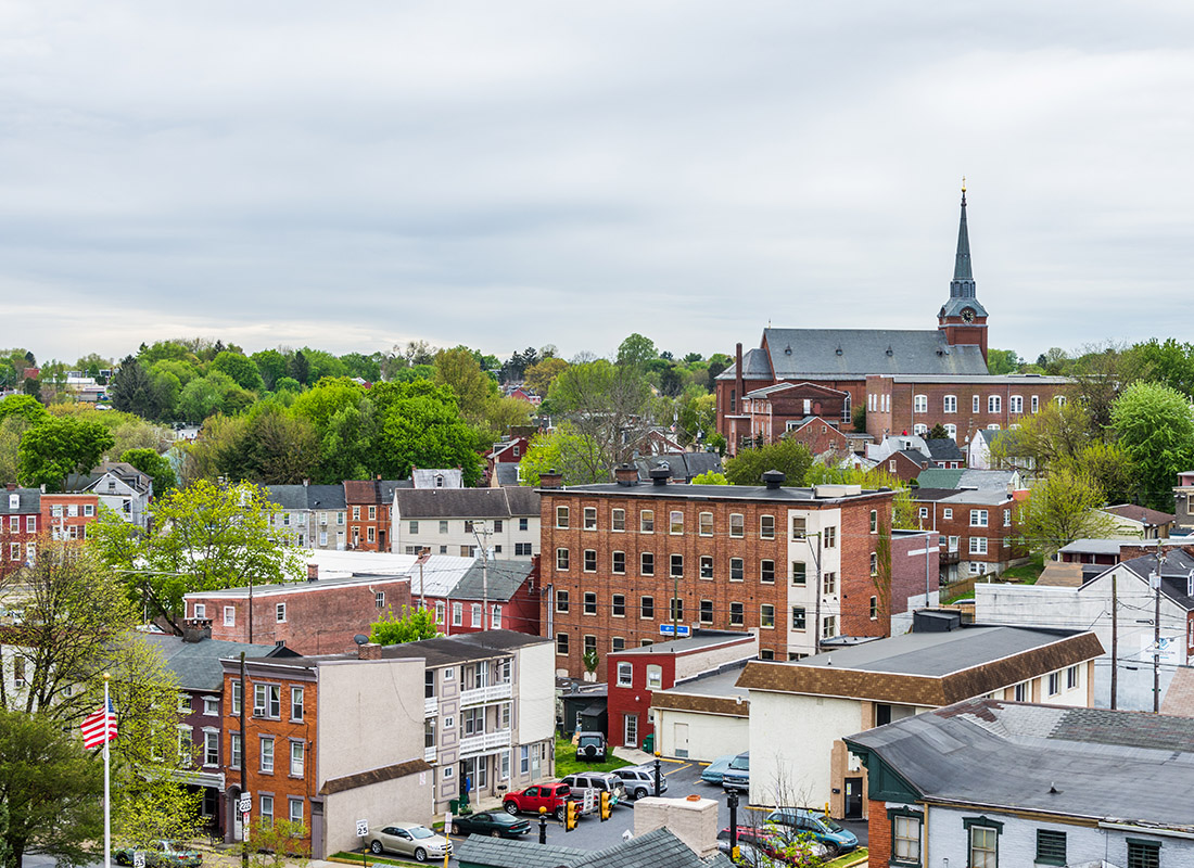 Contact - Aerial View of Lancaster, PA With Buildings